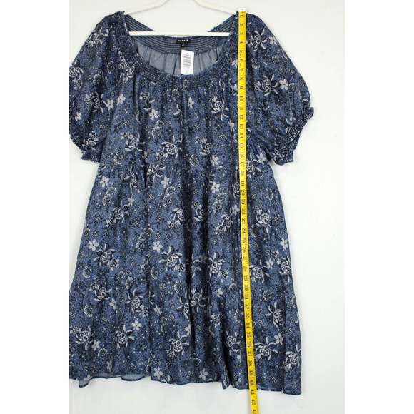 Torrid Mini Chambray Dress Women 2X Puff Short Sleeves Smocked Neck Blue Floral - Picture 3 of 12